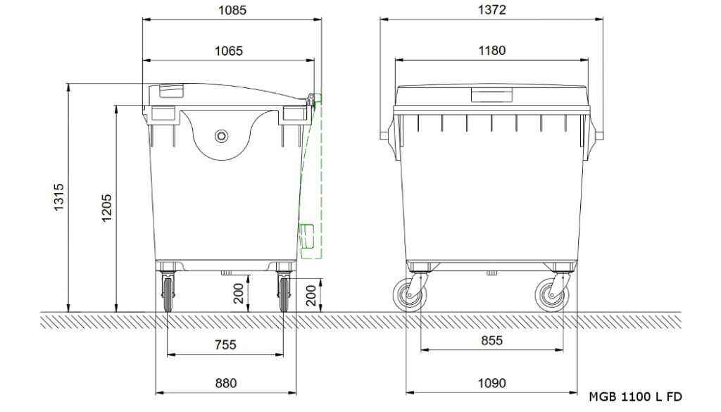 Plano acotado de un contenedor de 1100 litros, para ilustrar las medidas estándar de los contenedores.