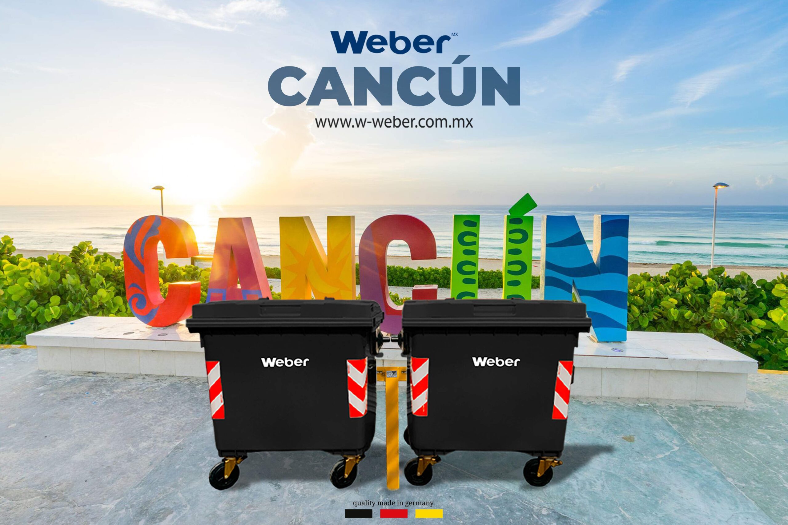 Diferentes modelos de contenedores de basura en espacios públicos de Cancún.