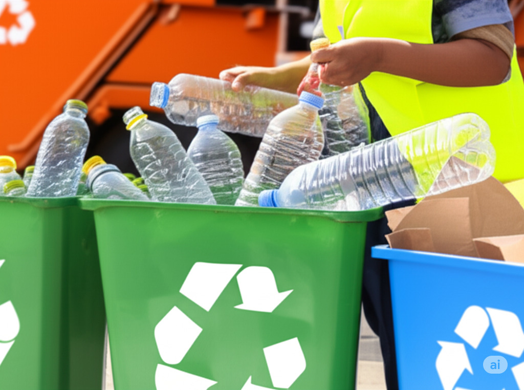 Un camión de basura recolecta desechos para la correcta gestión de residuos. Un operario uniformado separa materiales reciclables en contenedores.
